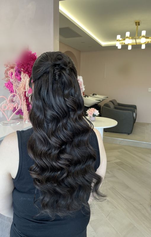 Half up crown with long, defined waves